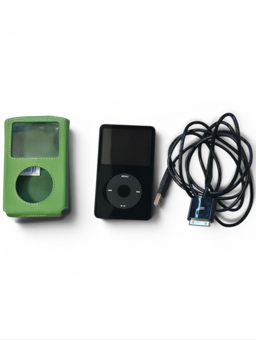Apple Black iPod Classic with Green Protective Case and Black Dock Cable